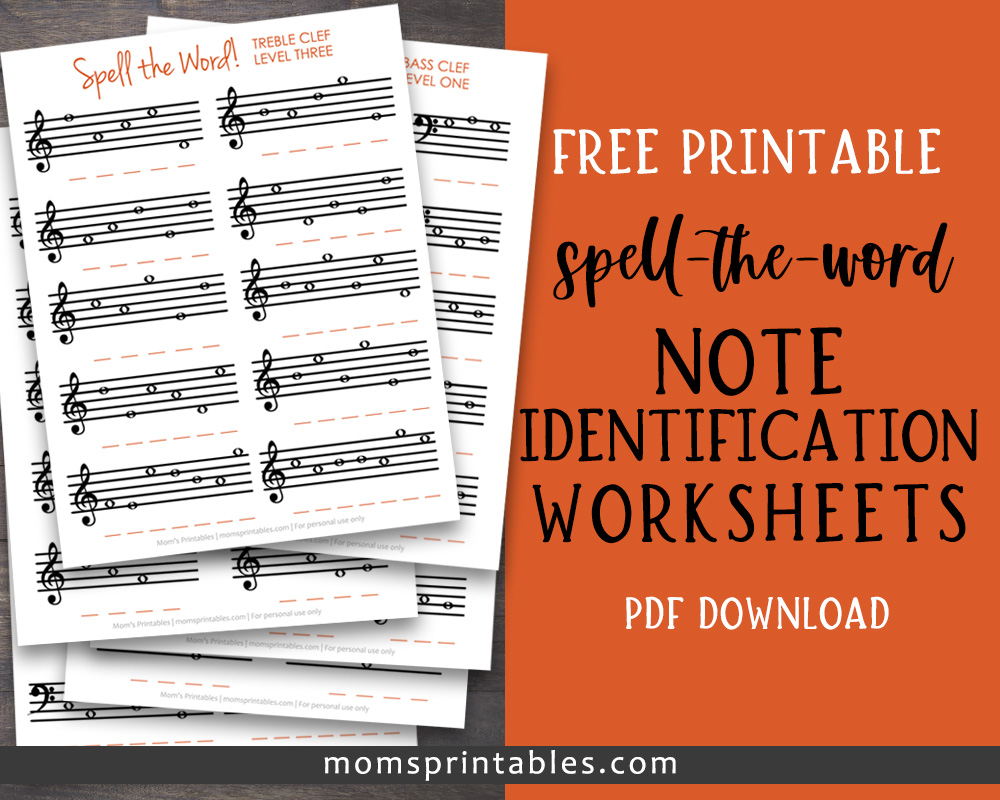 Free Note Identification Worksheet | Note Spelling worksheets | Note Naming Worksheets PDF | Spell a word note identification worksheets | Free PDF download for these note identification worksheets for piano on the MomsPrintables blog!