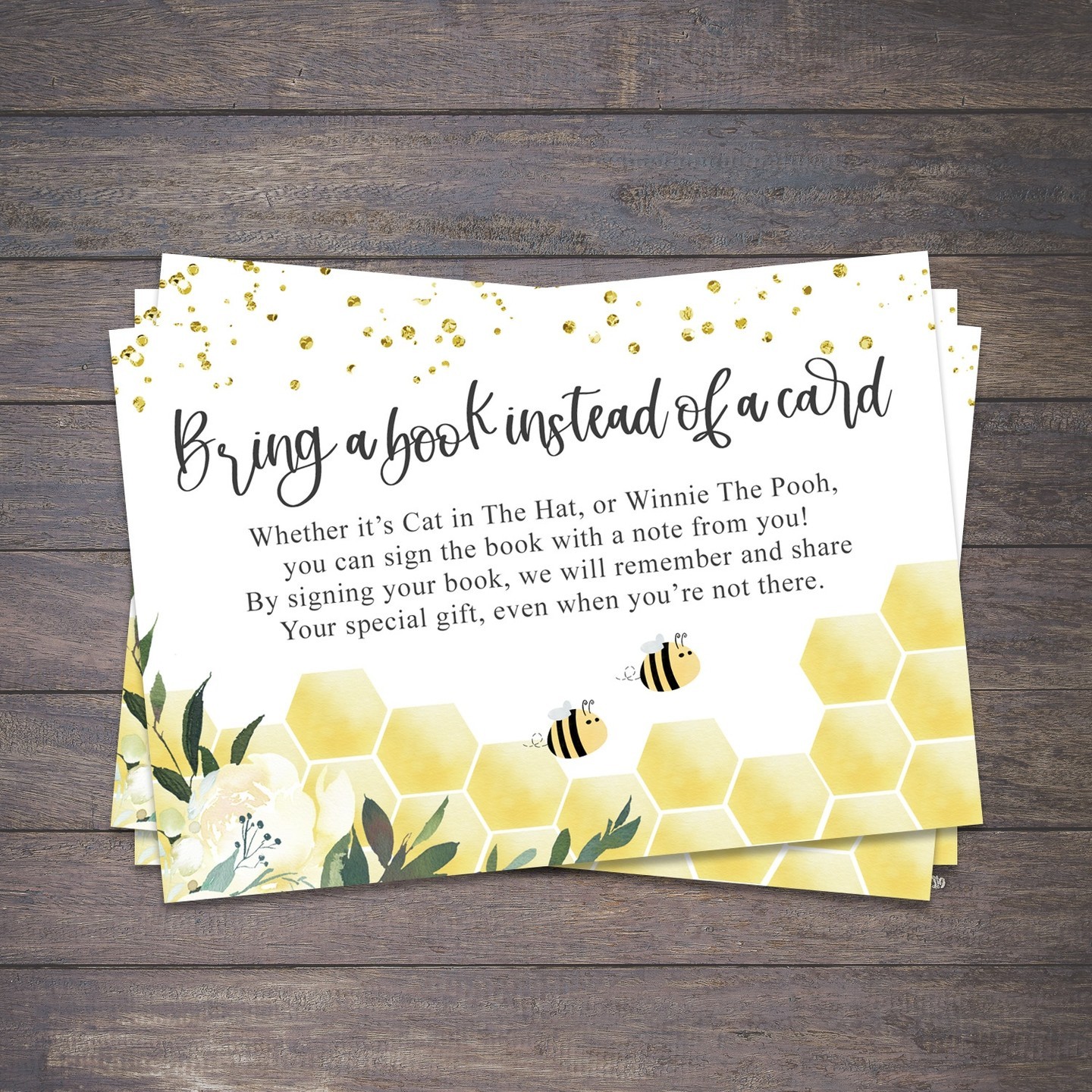 Cute Bee themed "bring a book" card inserts!⁠
Available in my Etsy shop (link in bio).⁠
.⁠
.⁠
.⁠
#beebabyshower #beeinvitation #bringabook #babyshower #racheldesignsshop