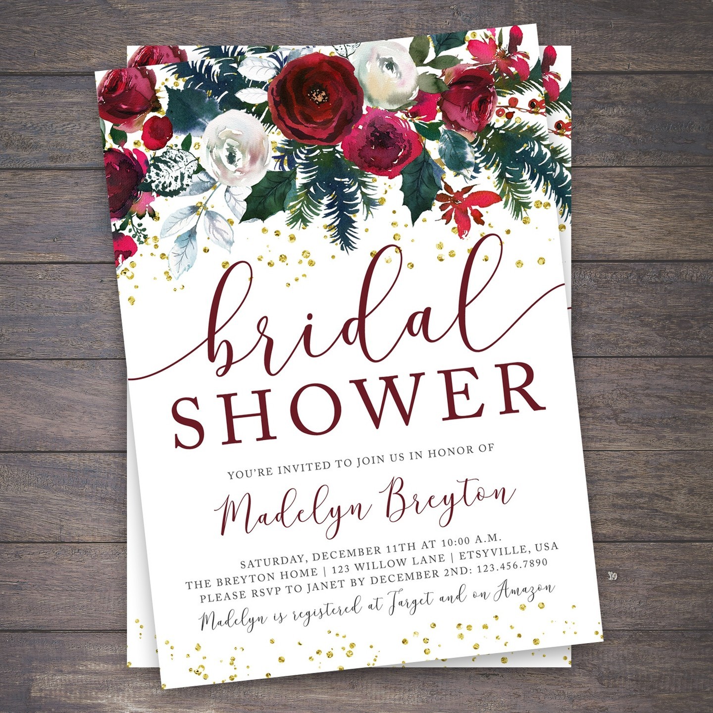 I love this deep red for holiday showers and parties - so classy & elegant!⁠
⁠
#bridalshower #bridalshowerinvites #bridalshowerinvitations #customizedinvitations #customizedinvites #personalizedinvites #racheldesignsshop
