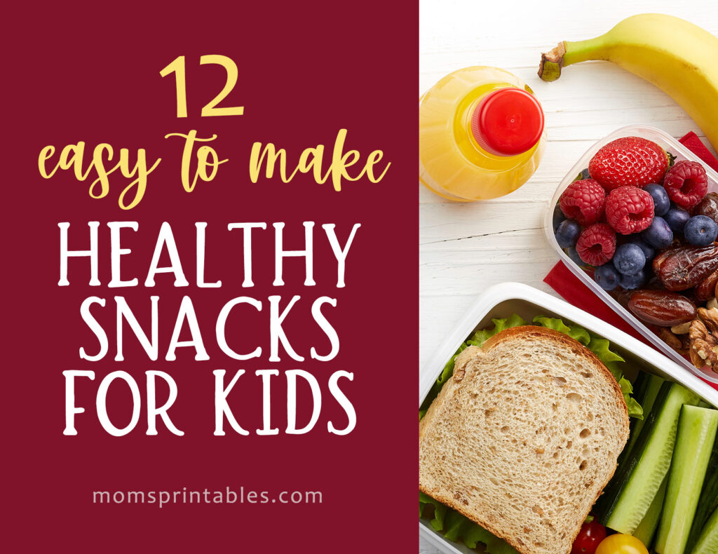 Healthy Snacks for kids to make | Healthy snacks for kids on the go | Healthy snacks for kids to take to school | 12 ideas for healthy snacks for kids that are easy to make! See them at MomsPrintables!