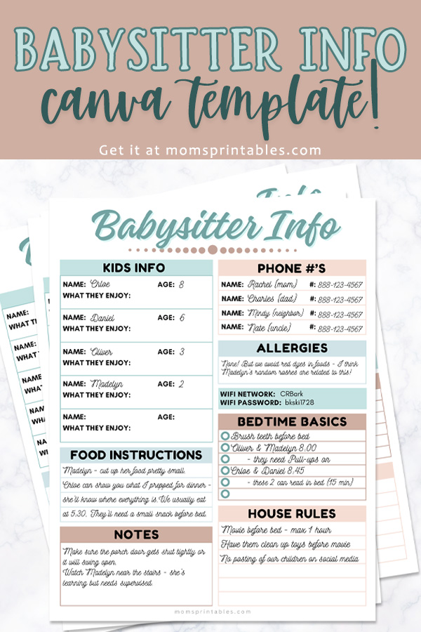 Babysitter Information Printable | Babysitter Information Sheet | Babysitter Information Template | PDF & Canva template both available at MomsPrintables!