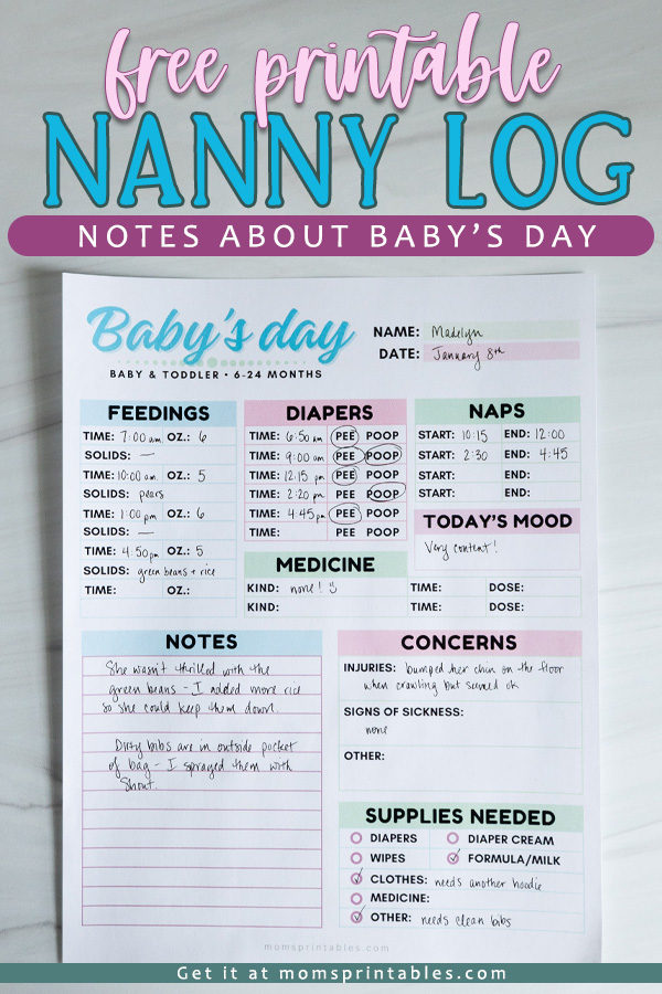 Printable Nanny Log | Notes about baby's day printable | free printable for nanny | nanny printable free | Printable Nanny Log for keeping track of baby's day is free to download at MomsPrintables!