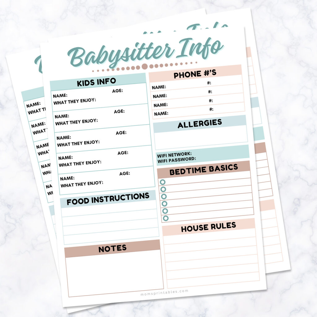 Babysitter Information Printable | Babysitter Information Sheet | Babysitter Information Template | PDF & Canva template both available at MomsPrintables!