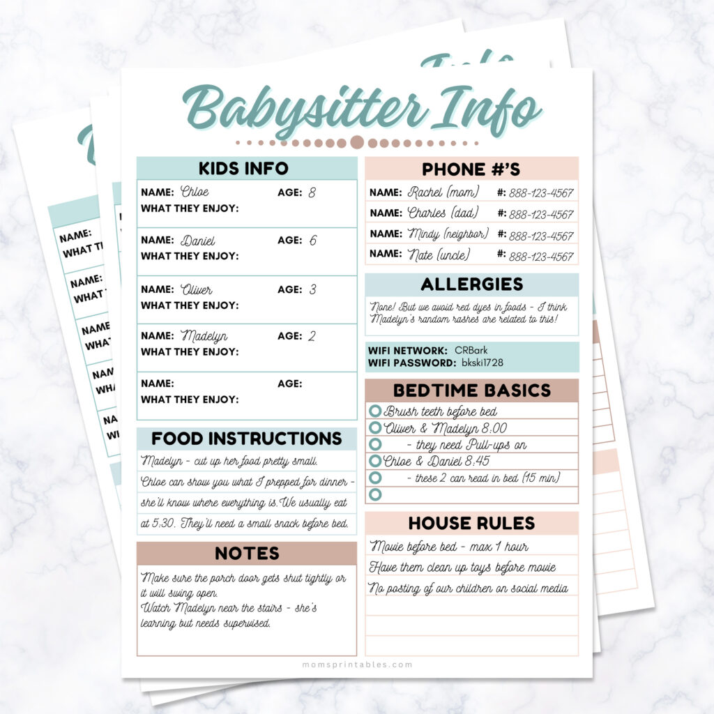 Babysitter Information Printable | Babysitter Information Sheet | Babysitter Information Template | PDF & Canva template both available at MomsPrintables!