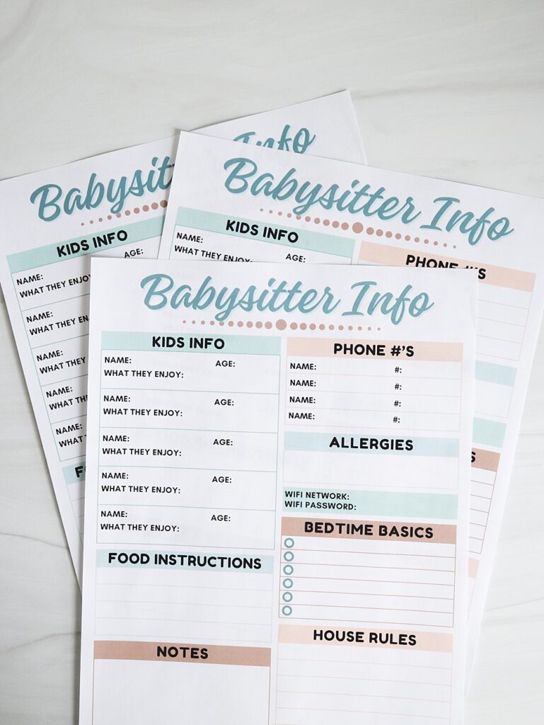 Babysitter Information Printable | Babysitter Information Sheet | Babysitter Information Template | PDF & Canva template both available at MomsPrintables!