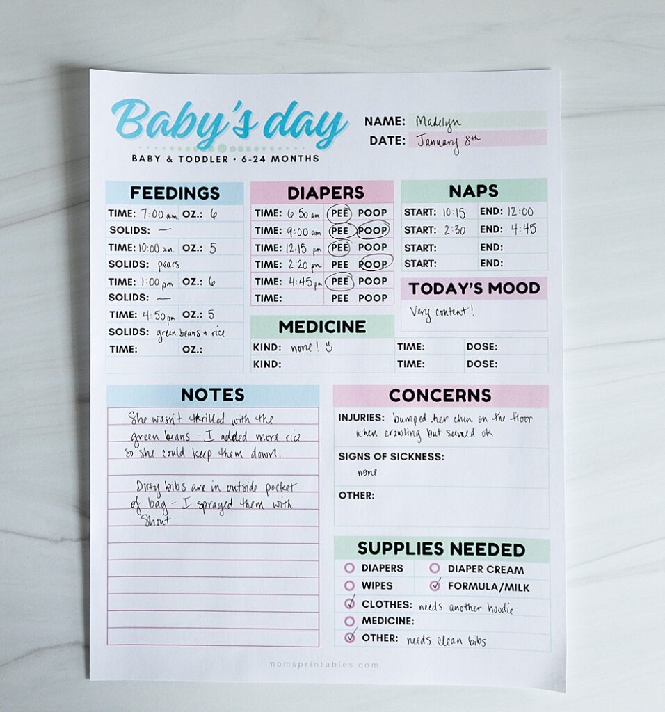 Printable Nanny Log | Notes about baby's day printable | free printable for nanny | nanny printable free | Printable Nanny Log for keeping track of baby's day is free to download at MomsPrintables!