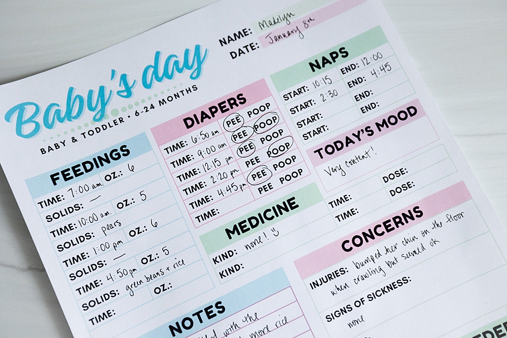 Printable Nanny Log | Notes about baby's day printable | free printable for nanny | nanny printable free | Printable Nanny Log for keeping track of baby's day is free to download at MomsPrintables!