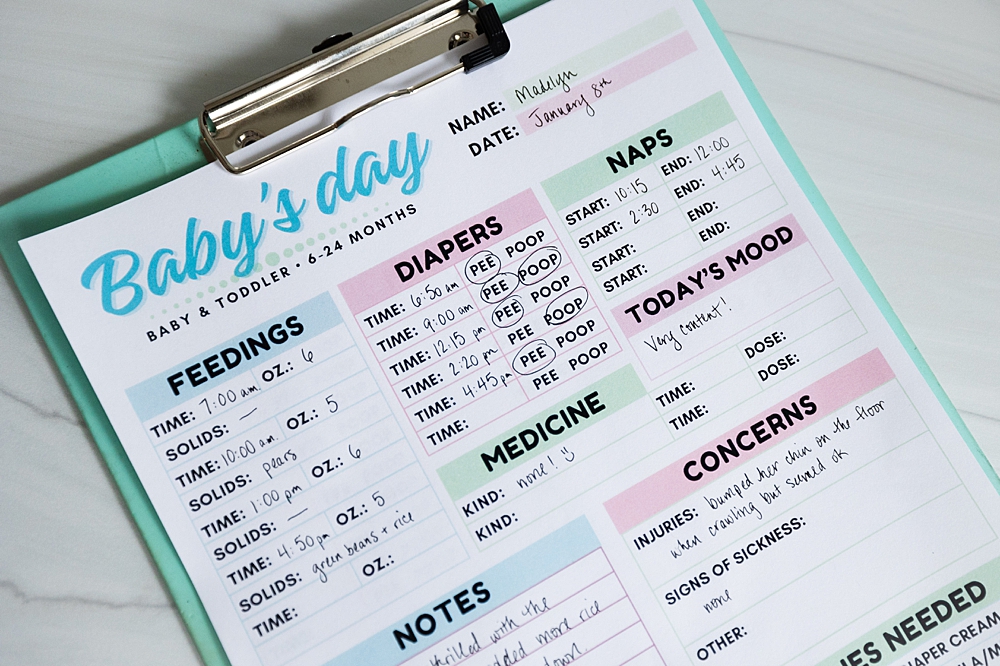 Printable Nanny Log | Notes about baby's day printable | free printable for nanny | nanny printable free | Printable Nanny Log for keeping track of baby's day is free to download at MomsPrintables!