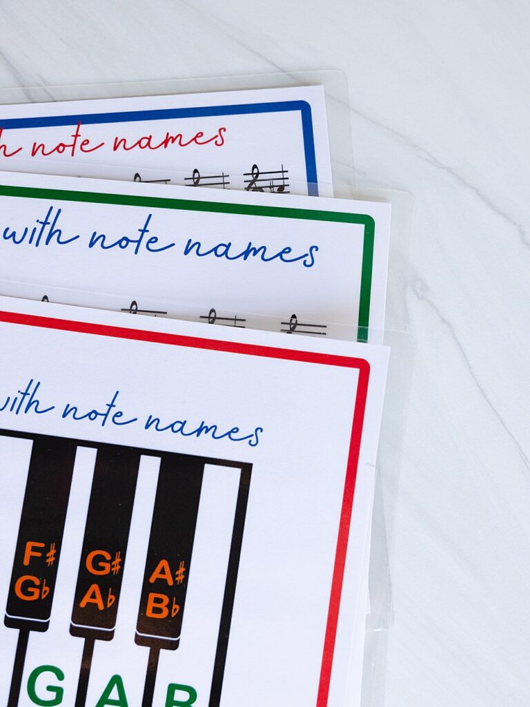 Printable Piano Keyboard with note names | Printable Piano with notes | Printable piano keyboard with notes | 3 PDF's on Moms Printables in 3 difficulty levels!