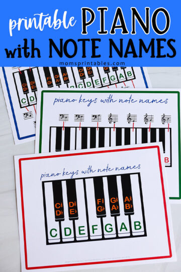 Printable Piano Keyboard with note names | Printable Piano with notes | Printable piano keyboard with notes | 3 PDF's on Moms Printables in 3 difficulty levels!