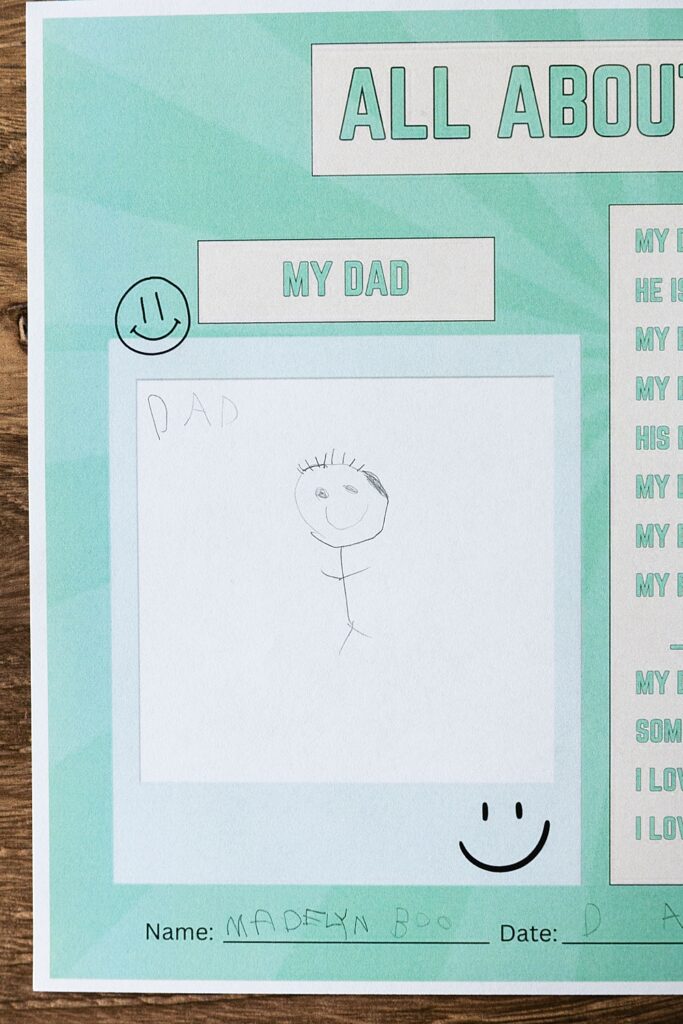 FREE All About My Dad printable | About My Dad questionnaire | All About My Dad Preschool Worksheet | Free Printable All About Dad Questionnaire | FREE PRINTABLE on the Moms Printables website!