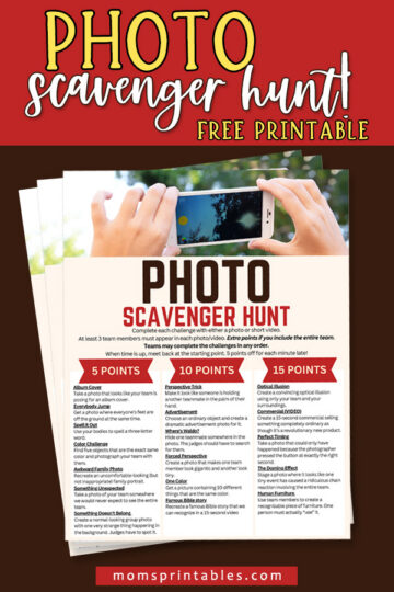 Photo scavenger hunt for adults with free printable team-building game